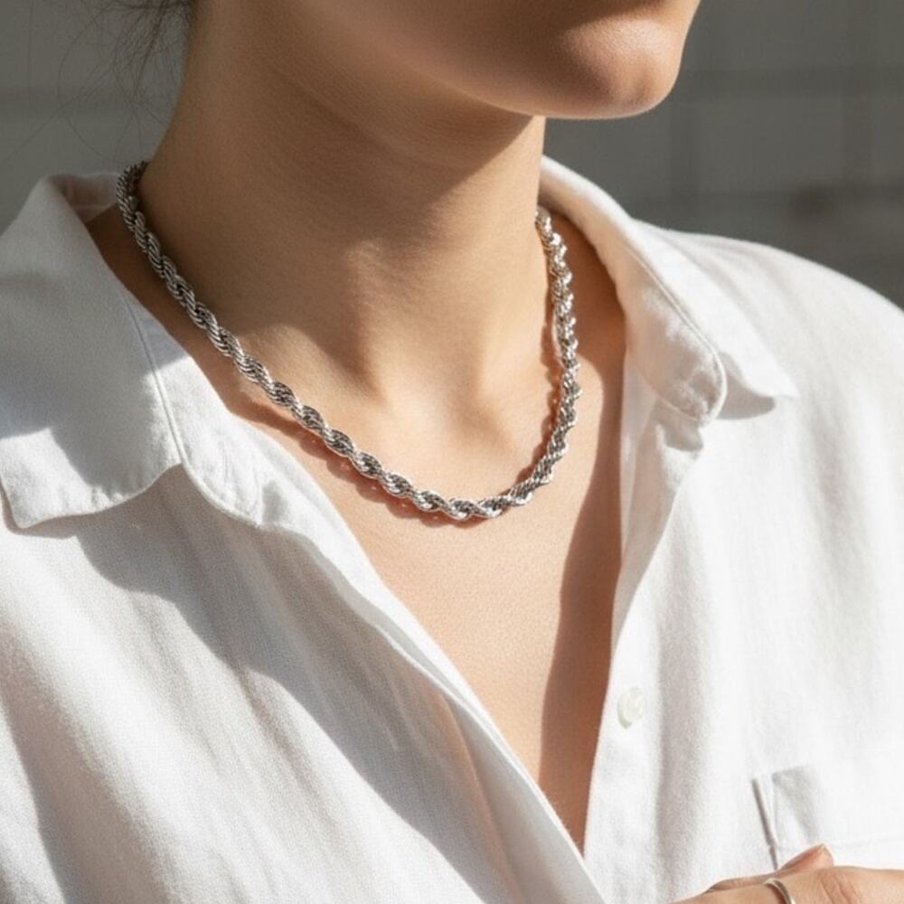 3/$25 - Silver Tone Rope Chain Necklace Classic Twist Chain Unisex